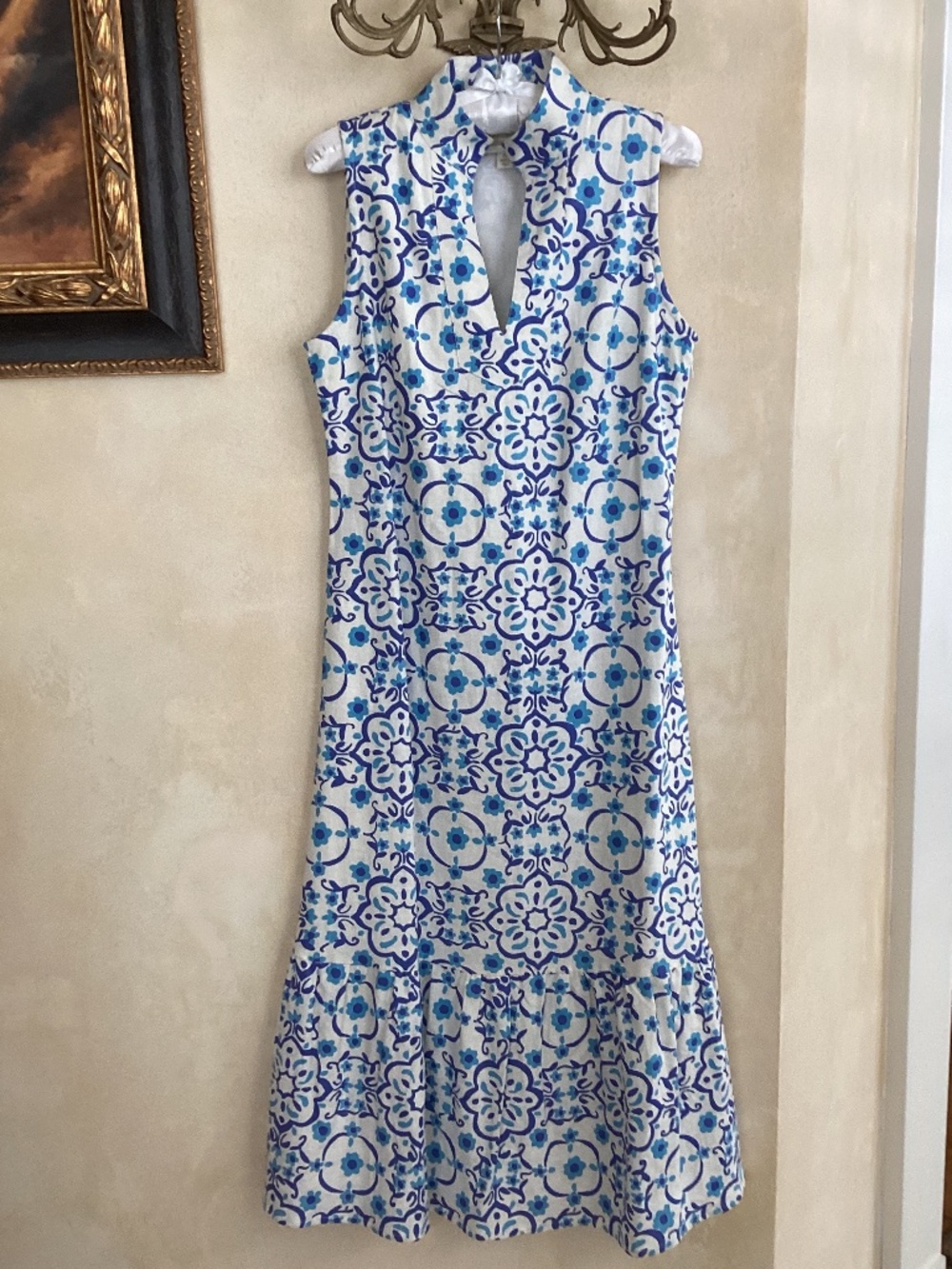SAIL TO SABLE SLEEVELESS BLUE WHITE LINEN BLEND MAXI DRESS SIZE XS